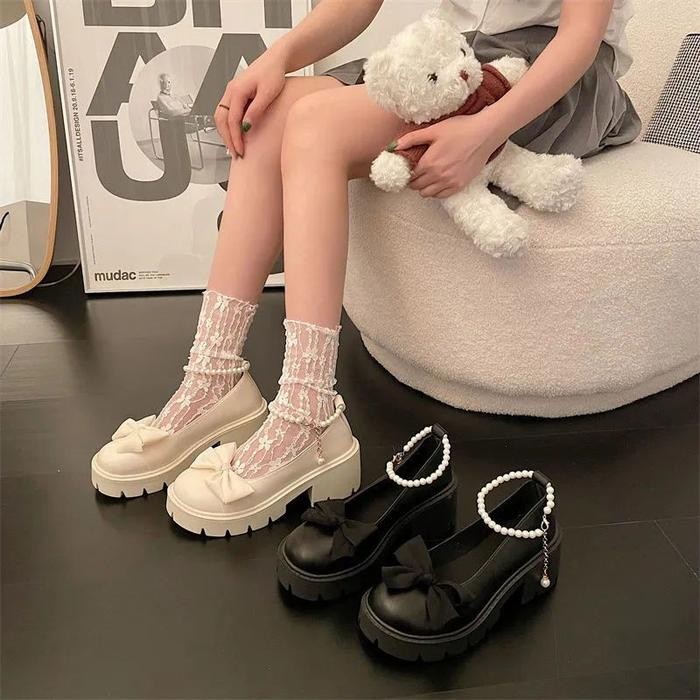 Donatello - Sepatu Wanita Premium Mery Jane Mutiara Pita Tinggi 5Cm Korean Style Sepatu Pesta Kerja