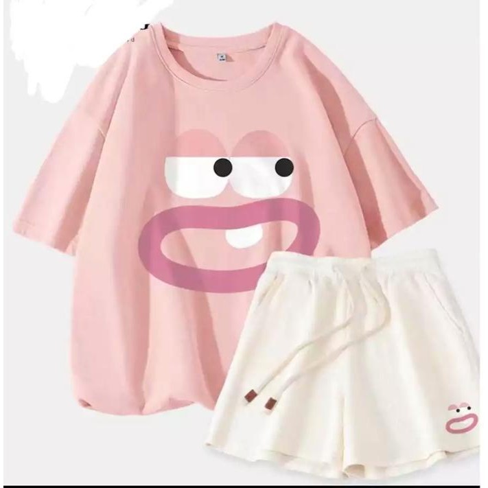 080j- [Fashion Category Day] Lazy Face Set Atasan T Shirt Cotton + Celana Pendek Fleece Ntr