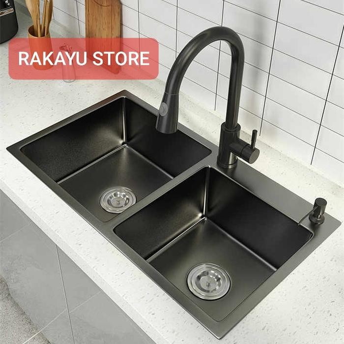 KITCHEN SINK 7540 BLACK LENGKAP KRAN/BAK CUCI 2 LUBANG HITAM/WASTAFEL