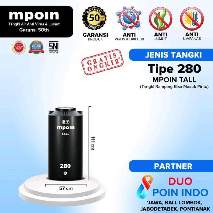 Toren Tandon Tangki Air MPOIN Tall 280-1100 L Anti Lumut Garansi 50 Thn - 280 tall