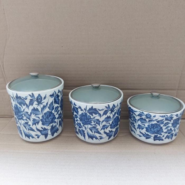 TOPLES KERAMIK BIRU PUTIH 3PCS/TEMPAT BUMBU GULA KOPI/SET TEMPAT BUMBU