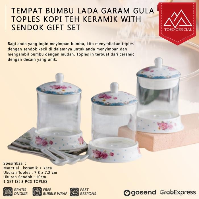 Tempat Bumbu Lada Garam Gula Toples Kopi Teh Keramik + Sendok Gift Set