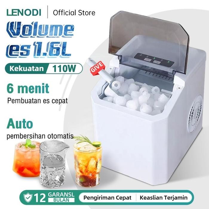 LENODI Mesin Pembuat Es, 1.6L Mesin Es Batu, Pembuatan Es Cepat, Pembersihan Mandiri,Penyimpanan Es