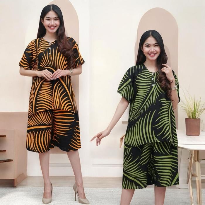 Setelan Daster Batik Kulot Senso Lengan Pendek Rayon Tebal Kancing Depan Busui Celana Pendek Wanita