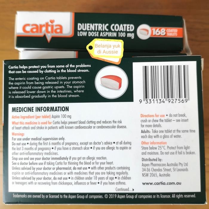 CARTIA LOW DOSE ASPIRIN 100MG - ORIGINAL PRODUCT AUSTRALIA