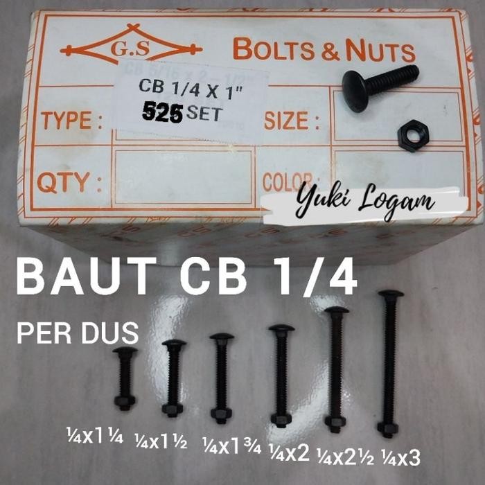 1 Dus Baut Mur CB 1/4 baut mur kunci 10 baut bak truk baut pagar baut payung baut carriage ukuran