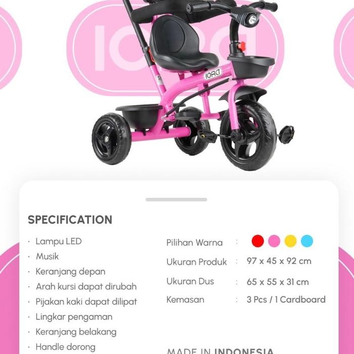 riml- Sepeda Anak Roda Tiga 3 Baby Tricycle Iora Pmb Tc-06 Tc06 Stroller Trike T27 T-27
