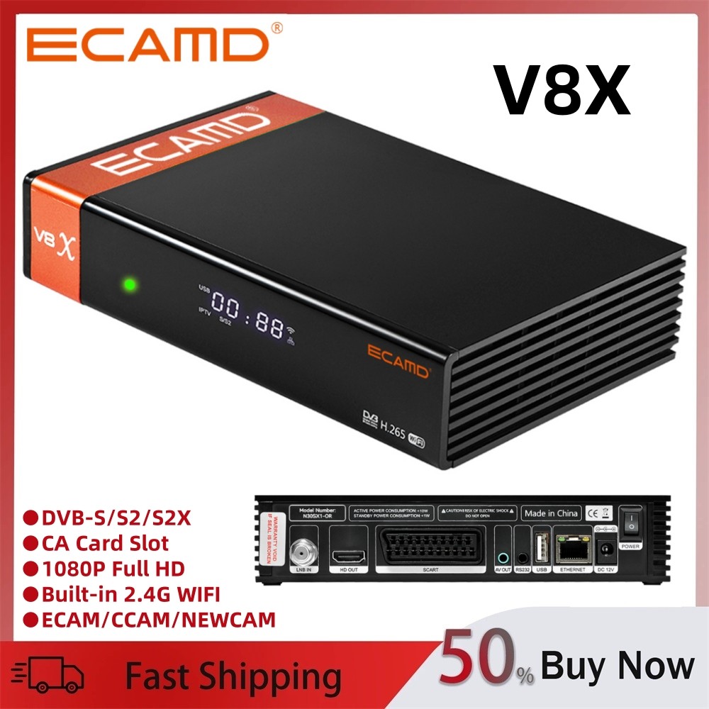 Ecamd V8X Satellite Tv Receivers Dvb S/S2/S2X 1080P Hd Built-In 2.4G Wifi Ca Card Slot 2.4G Wifi