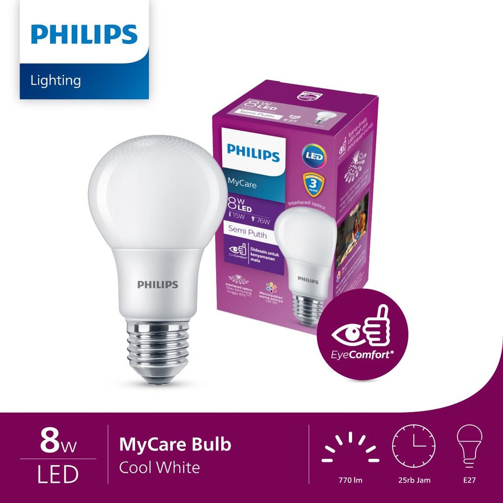 Lampu Philips LED Bulb MyCare Bohlam 8W E27 4000K  Semi Putih