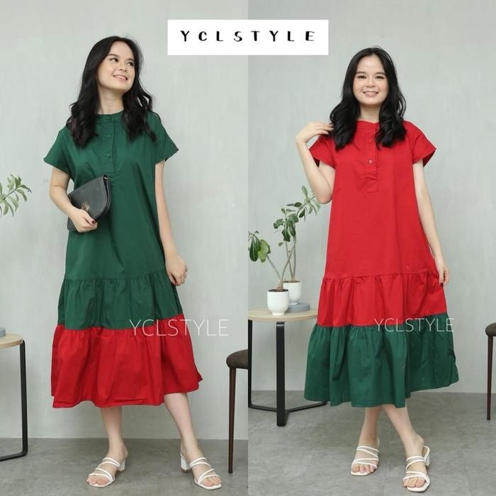 HANNY DRESS - MIDI DRESS RUFFLE COTTON EDISI NATAL EMERALD GREEN midi dress Gaun Casual Pesta Wanita