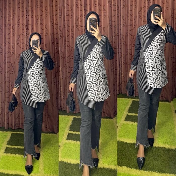 de68- Blus Yolanda (B39) Kombinasi Batik Cap By Positive Boutique Wanita Katun Toyobo Tangan