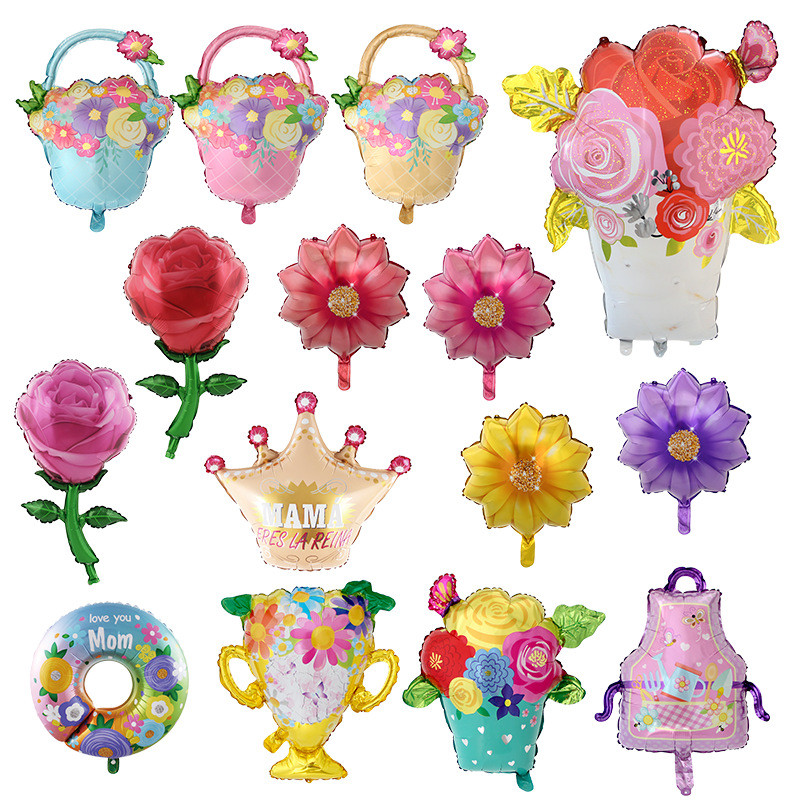 New Large Rose Flower Trophy Flower Basket Apron Aluminum Balloon Mother Mother's Day Party Decorati