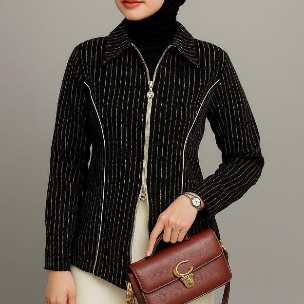 Rq - Dyffa Zipper Shirt Salur Fitted Korea Style Terlaris