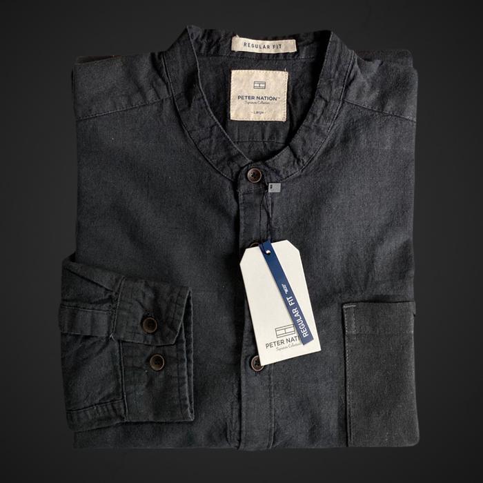 linen sanghai wangki kemeja linen sanghai wangki lengan panjang warna smoky black - M wangki lengan 