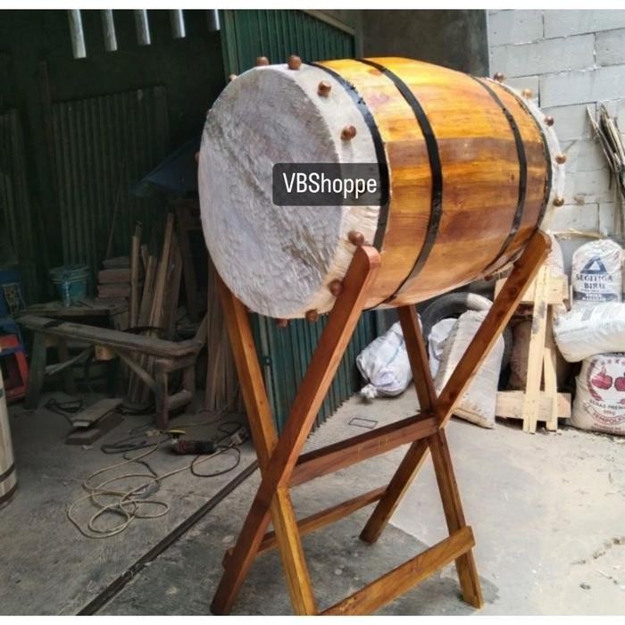 PREMIUM BEDUK KAYU WOODEN DRUM BEDUG JUMBO LENGKAP STICK KAKI KULIT SAPI DEKORASI PERNAK PERNIK
