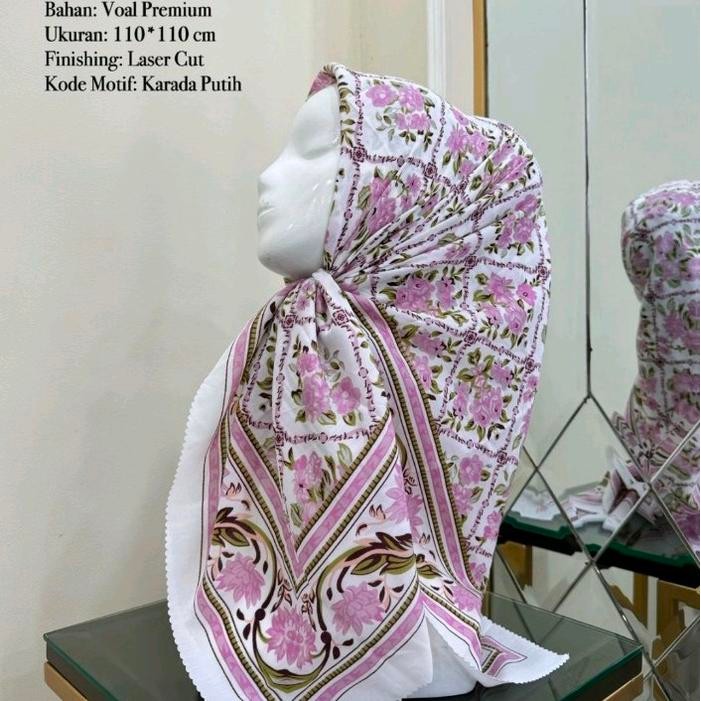 Hijab Segi Empat Voal Motif Bunga Karada Putih Pink