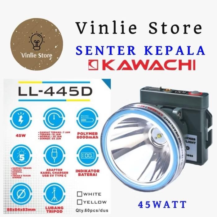 Terbaik Senter Kepala 45Watt Kawachi 8000Mah Dengan Indikator Baterai 100% Ori