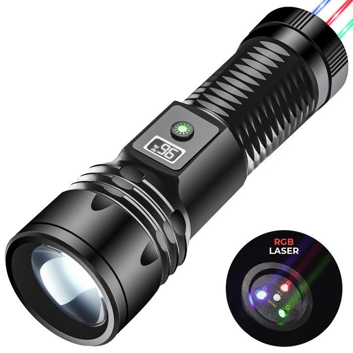 Suksestech Senter Terang LED Jarak Jauh Dan Jarak Dekat 5 Mode Terdapat Laser 3 Warna Bahan