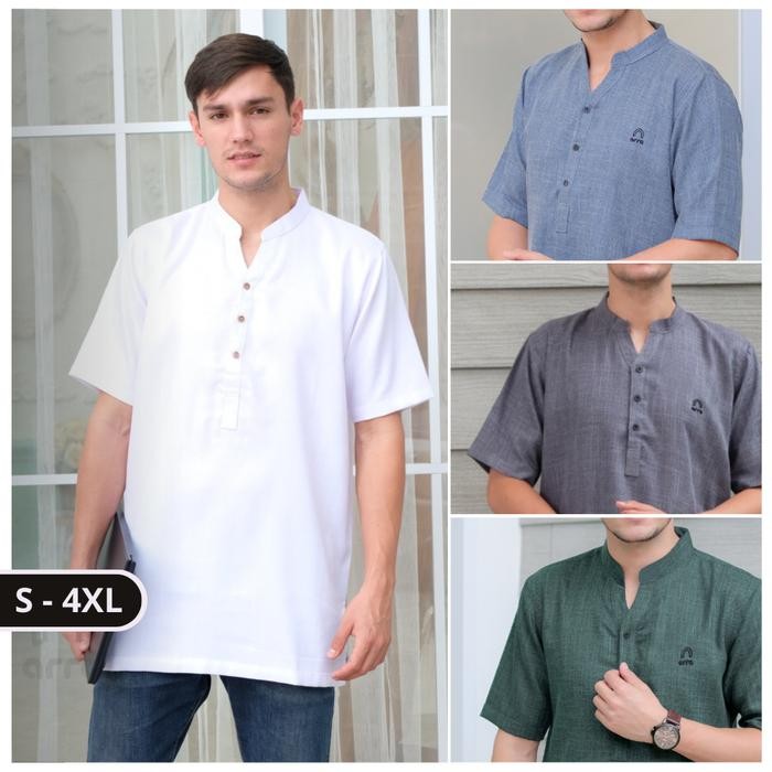 Pilihan- Baju Muslim Pria Koko Putih Linen Lengan Pendek Kokoh Dewasa Polos