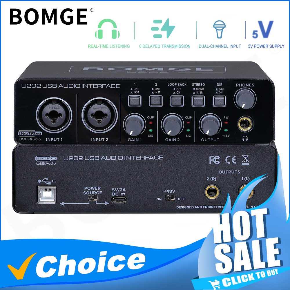 BOMGE U202 USB Audio Interface with Mic Preamplifier XLR/TSR/TS Ports 48V 32-Bit/192kHz Resolution