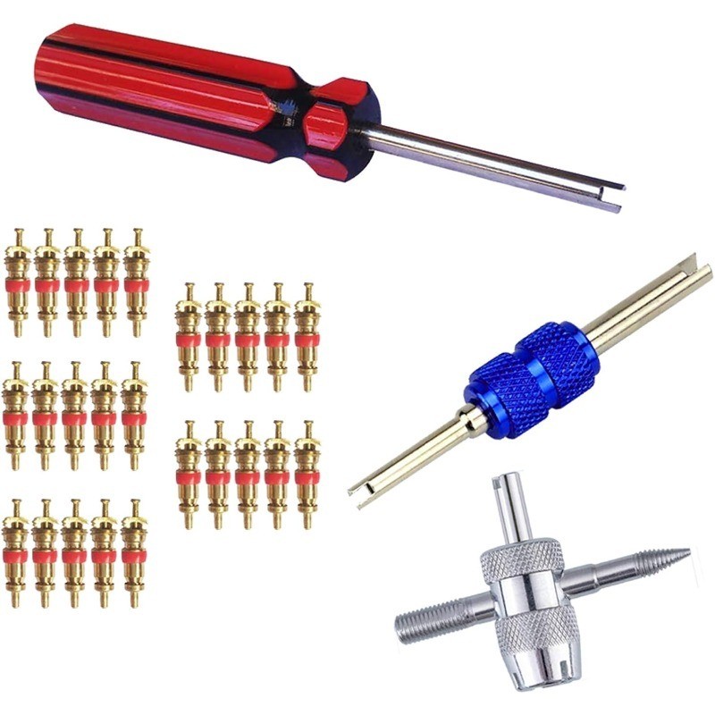 Tire Valve Core Remover Tools with 25Pcs Brass Valve Stem Cores Head Tire Valve Core Remover Install