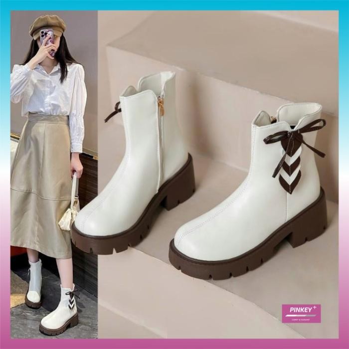 Adorable - P230 Sepatu Boots Martin Resleting Wanita Boot Fashion Premium Quality Shoes Hitam Putih
