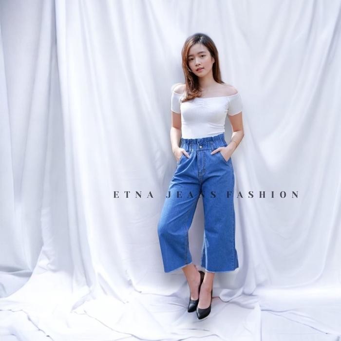 9qli- Etna - Jeans Wanita Kulot Highwaist 7/9 Pinggang Karet Kaki Rawis Putih - Jeans Non