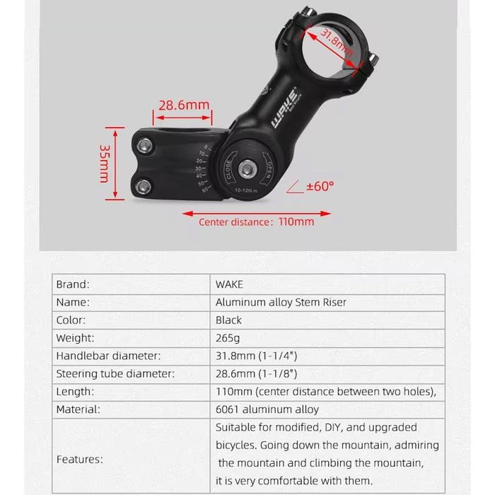 Spo- Wake A820 Stem Sepeda Mtb 0-60 Derajat Os 31.8Mm 90 110 130Mm Adjustable Bike Stem