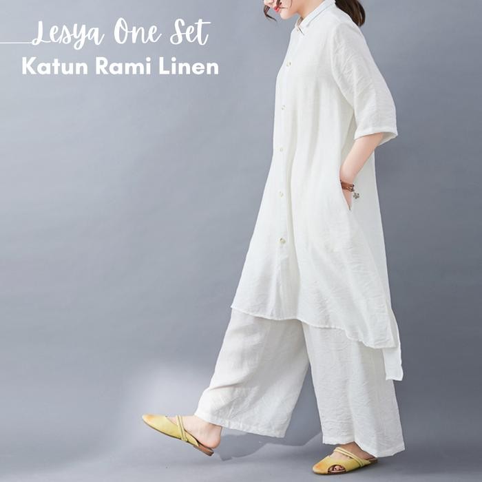 Pilihan- Lesya Setelan Wanita One Set Jumbo Atasan Tunik Dan Celana Kulot Bahan Katun Linen