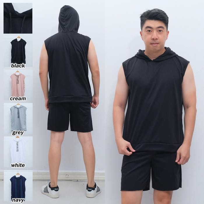 ASLI OneSet Celana Pendek sama Hoodie Singlet Topi Polos Fuzie Pria Dewasa Trendy READY STOCK