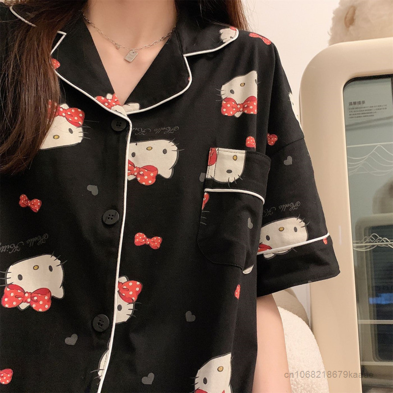 Sanrio Hello Kitty New Pajamas Set Women Summer Short Sleeve Top Shirts Sorts 2 Piece Home Suit Y2k 