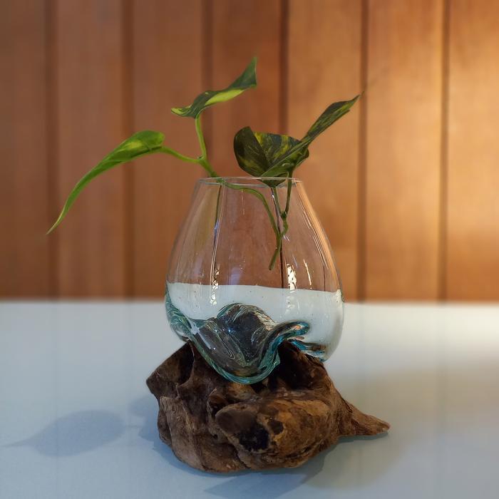 Promo Leolle Bali Pot Bunga Kaca Tiup Kayu Gamal Melted Glass On Wood Aesthetic Vas Bunga Kaca