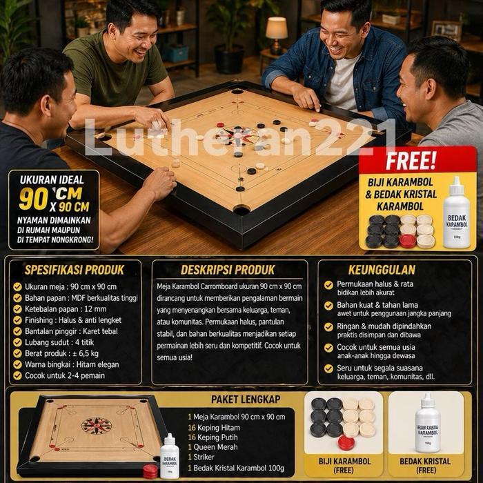 PROMO Meja Karambol Carromboard 90x90 cm Kayu Premium + FREE Biji Karambol & Bedak Kristal Carrom