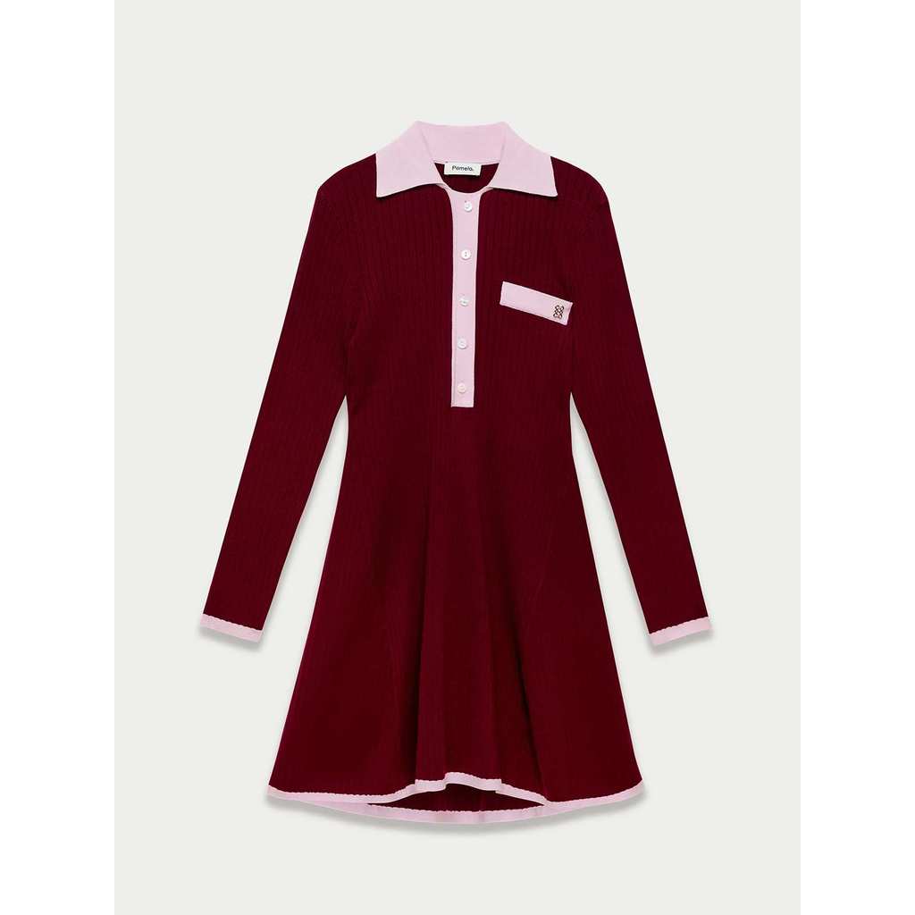 Pomelo. Contrast Trim Knit Polo Dress - Burgundy
