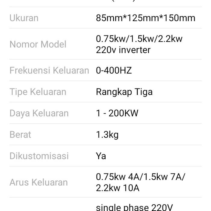 VFD Inverter 1,5Kw input 1phase 220V output 3Phase 220V