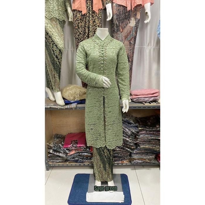 Setelan Kebaya Modern Tunik Kancing Seribu Payet Sage Green Busui Freindly