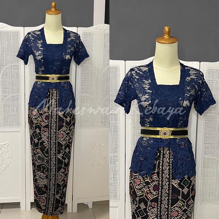 Kebaya Bali Set Kutubaru Brukat Lengan Pendek Navy Rok Lycra
