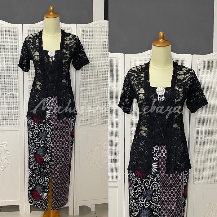 Kebaya Bali Set Brukat Pendek Hitam Rok Silver