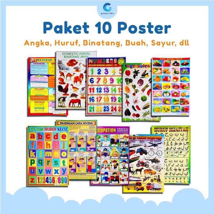 

OJ Paket 10 Poster Belajar Anak Edukasi Angka, Huruf, Binatang, Buah, Sayur, dll Karton Sekolah