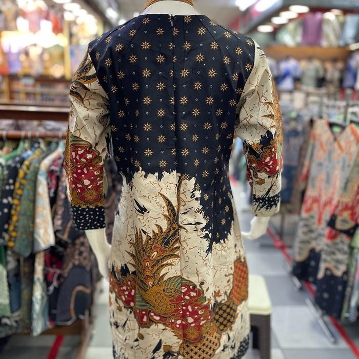 de68- Tunik Batik Motif Kaswari Bahan Katun Model Resleting Belakang Kain Kombinasi Hitam (