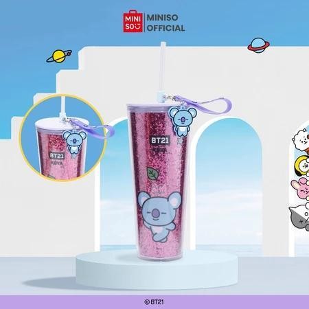 Miniso x BT21 Collection Plastic Tumbler Cangkir Minum Double Wall with Straw & Decoration Straw Cup