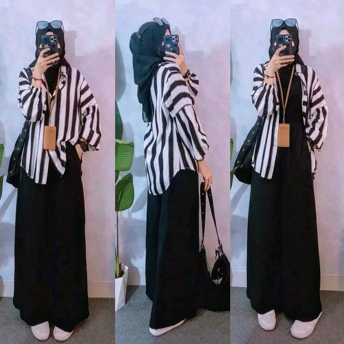Namira Strip One Set Kulot Setelan Tunik Baju Atasan Muslim Oversize Crinkle Airflow Motif Celana