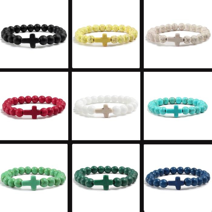 ASLI Gelang Salib Batu Alam Natural Simple Pria Wanita Kristen Katolik READY STOCK