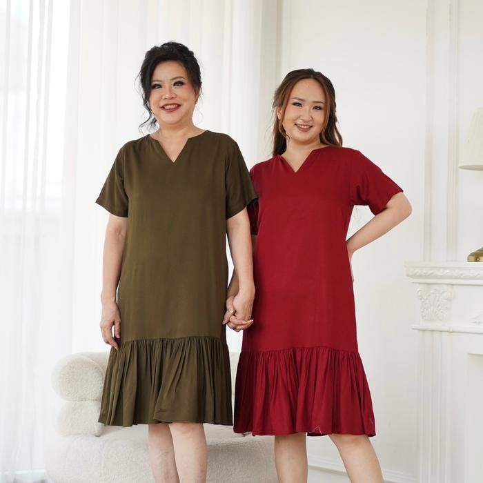 Pilihan- (Victoria Wear House) Song Dress Midi V Neck Lengan Pendek Bahan Katun Rayon Twill