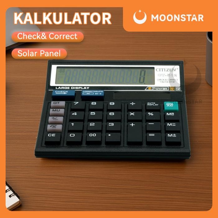 

New [MOON] Kalkulator Kantor CT-512 12 Digit Bahan ABS Tahan Lama - Solar & Baterai Dual Power Cetak