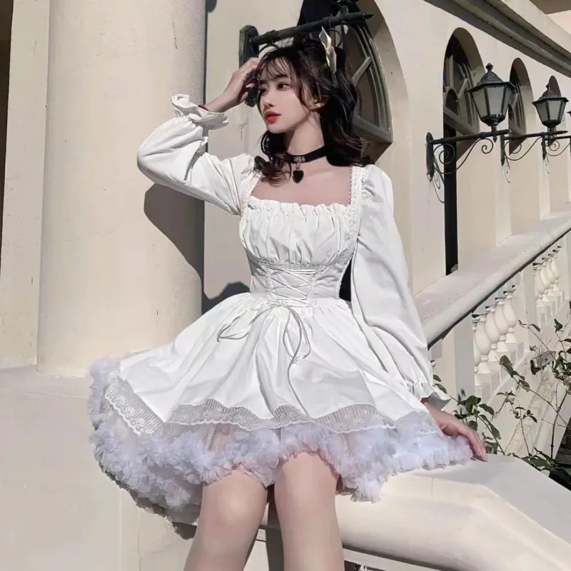 Sweet Puff Sleeve Dress Women Square Neck Kawaii Lace Partywear Lolita Cute White Princess Dress