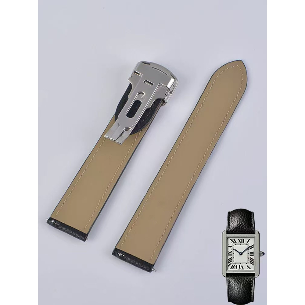 Genuine Leather Watch Strap Suitable for Cartier Santos Tank Solo Watchband Cowhide Watchstrap Black