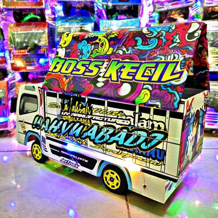Mainan Anak Miniatur Truk Oleng Wahyu Abadi Biru & Putih Fullvariasi Lampu Terpal Motif Paket