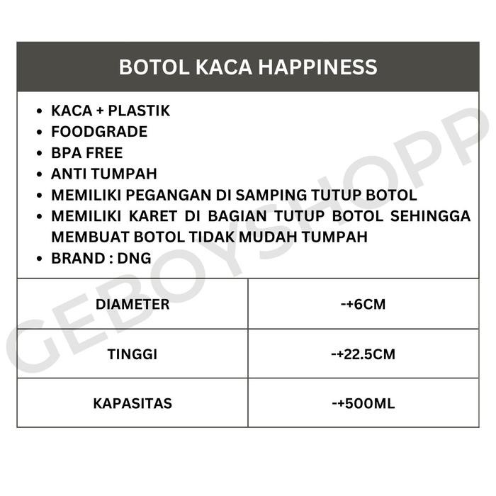 Pilihan- Dng Botol Minum Kaca Happiness 500Ml / Tempat Minum Unik / Botol Air Kaca Happiness