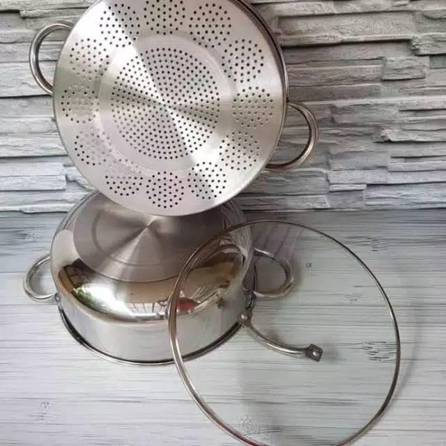 Super Steamer 40 Cm 2 Susun Supra Stainless Panci Kukusan Tutup Kaca